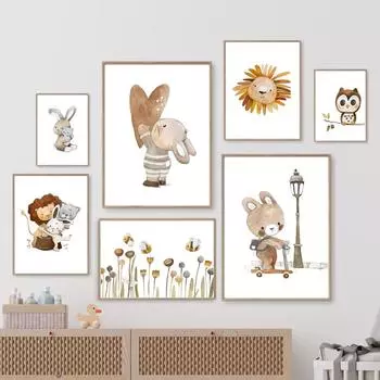 Бохо Лев Кролик Медведь Слон Сова цветок настенная живопись холст картины постеры и принты мультяшные картинки для декора детской комнаты A4 21X30cm No Framed