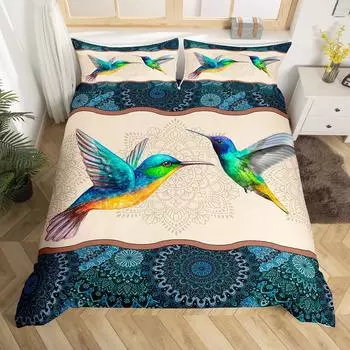 Комплект постельного белья Boho Mandala Hummingbird Комплект постельного белья из микрофибры Farmhouse Cute Birds Одеяло-пододеяльник Queen для детей, мальчиков и девочек EU single(135x200cm)