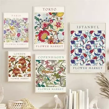 Boho Matisse Цветочный рынок Синий Желтый Оранжевый Exhibitio Плакат Печать Холст Картина Настенные Художественные Фотографии для Декора Гостиной 21x30cm No Framed