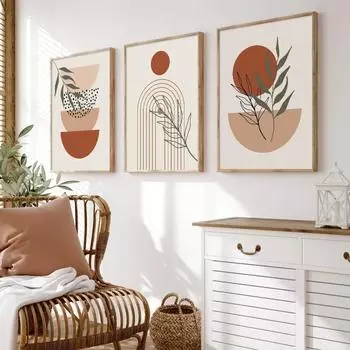 Бохо минималистский оранжевый, бежевый, зеленый лист, полукруг, постер, линия, настенная художественная печать, картина, абстрактная картина на холсте, декор для гостиной 21x30cm No Framed