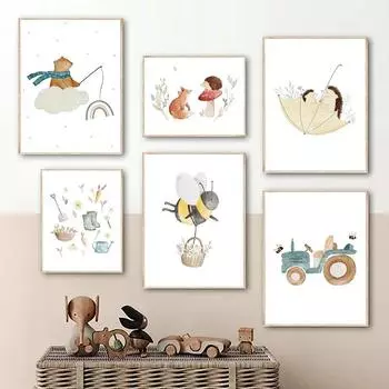 Бохо мультфильм ферма плакаты художественные принты лиса, пчела, медведь, еж, цветок, холст, живопись, настенные панно, детская комната, украшение для дома 21cm30cm NoFrame