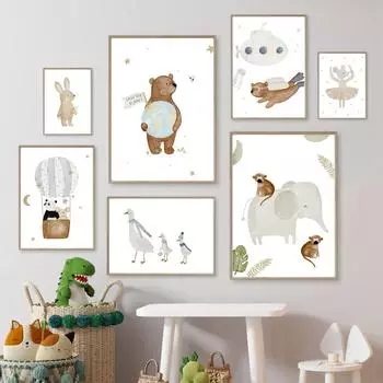 Бохо мультфильм Медведь Кролик Слон Панда Гусь Детская Настенная Картина на Холсте и Плакаты Печатают Настенные Панно Декор Детской Комнаты 21x30cm No Framed