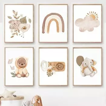 Бохо мультфильм Медведь Радуга Слон Облако Солнце Детская Детская Настенная Художественная печать Плакаты для детской комнаты Детский Декор Холст Картина 21x30cm No Framed
