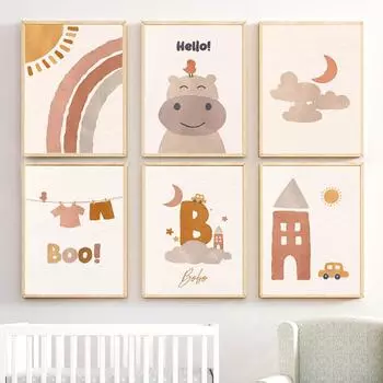 Бохо мультфильм милый бегемот Радуга автомобиль плакаты с изображением Луны и принты холст искусство настенное украшение домашние картины для маленьких детей для гостиной 21*30cm