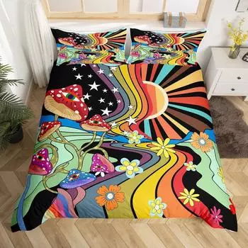 Boho Mushroom King Queen Duvet Cover Hippie Rainbow Bedding Set Groovy Floral Comforter Cover Cartoon Star Polyester Quilt Cover 70x133cm 2pcs