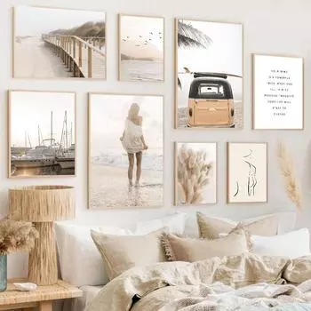 Бохо настенный художественный постер и принты, дорожный автомобиль, камышовая трава, пляжный серфинг, девушка, мост, пальма, холст, картина, Декор, фотографии для гостиной 21x30cm No Frame