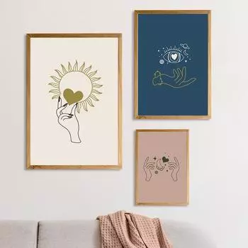 Boho Небесная ручная роспись Солнце Сердце Холст Плакат Абстрактная линия Настенный художественный принт Скандинавские настенные картины Плакаты Декор в гостиную 21cm30cm NoFrame