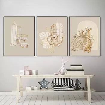 Бохо нейтральный детский постер жираф художественный принт землистый тон медведь холст картина современная настенная картина детская комната игровая комната домашний декор (с рамкой) 15*20cm(with frame)