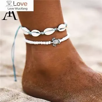 Boho Ocean Beach Регулируемая нить макраме мидии морские ракушки каури браслет на щиколотку белые бусины черепаха браслеты для женщин