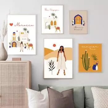 Бохо Пейзаж Холст Картина Настенное Искусство Плакат Растение Пустыни Путешествие Плакат Верблюд Верблюд Принт Картина Гостиная Марокко Деко 21cm30cm NoFrame