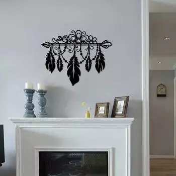 Бохо перо кисточка домашний металл настенное искусство - декоративная наклейка фреска для гостиной, спальни, кухни, ванной комнаты и офиса светло-серый