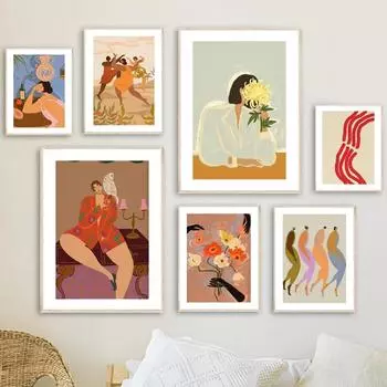 Бохо пижама женщина танец сова цветок плакаты и принты холст искусство мода настенное украшение дома масляная живопись для гостиной декор 21x30cm No Framed
