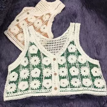 Бохо полый вязаный топ на бретелях, жилет, женский легкий полый вязаный крючком цветной блок, укороченный цветочный узор на пуговицах для куртки