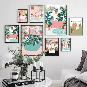 Бохо-постер, ботаническая ванная комната, кухонная раковина, холст, картина, тропические комнатные растения, художественная печать, скандинавская настенная картина для домашнего декора 21x30cm No Framed