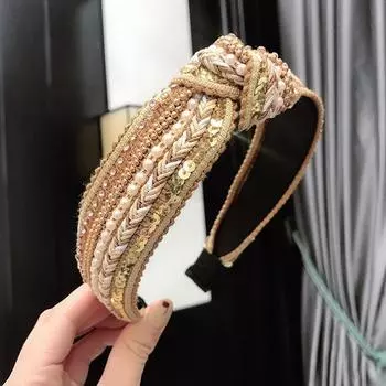 Бохо Повязка на голову со стразами и искусственным жемчугом, завязанная узлом, Блестящий ободок для волос с пайетками, Элегантные аксессуары для волос для женщин, девушек, Широкий ободок, Подарки