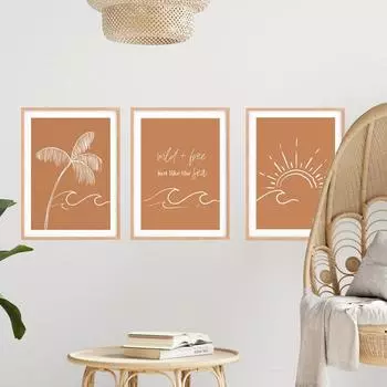 Бохо Прибрежные пальмы Волны Солнце Детские Плакаты Печать Море Картина на холсте Скандинавские настенные художественные картины Декор для детской комнаты 21X30cm No Frame