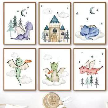 Бохо Приключение Замок Дракона Звезды Луна Облака Настенная картина на холсте Плакаты на скандинавскую тему и принты Фотографии Декор для детской комнаты 21x30cm No Framed