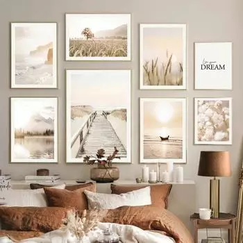 Бохо природный пейзаж озеро волна пальма фреска скандинавские постеры настенная живопись на холсте и принты картинки для декора гостиной 21*30cm