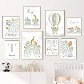 Бохо Радуга Жираф Лев Слон Пользовательское Имя Детская Плакат на скандинавскую тему Настенная печать на холсте Картина Картина для детской комнаты Декор 21x30cm No Framed