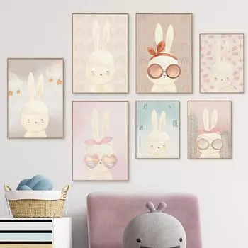 Бохо Радужный Кролик Настенная Живопись Холст Картина Скандинавский Плакат Художественные Принты Кактусы Кролики Картины для Комнаты Девочек Декор Детской Комнаты 21x30cm No Framed красный
