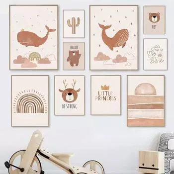 Boho Rainbow Deer Bear Whale Cactus Wall Art And Print Crown Little Princess Quotes Canvas PaintingPoster Baby Kids Room Decor 21x30cm No Framed
