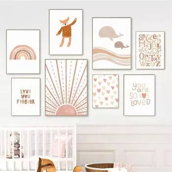 Boho Rainbow Heart Poster, Whale Alphabet Print, Cartoon Wall Art, Picture Quotes, Canvas Painting, Nursery, Baby, Kids Room, Ho 21x30cm No Framed