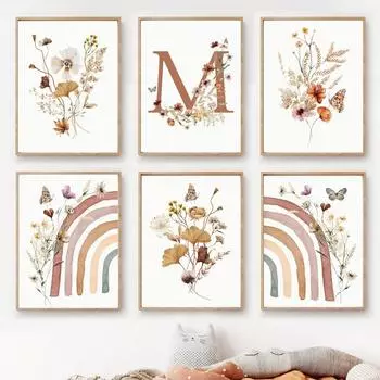 Boho Rainbow Wildflowers Butterflies Nursery And Prints Wall Art Nordic PostersCanvas Painting Pictures Kids Baby Room Decor 21x30cm No Framed