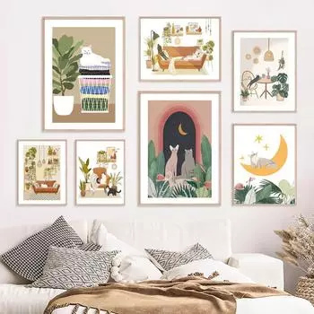 Бохо Растения Сад Кактус Луна Прачечная Кошка Настенная картина на холсте Плакат на скандинавскую тему и принты Настенные картины для декора гостиной 21x30cm No Framed