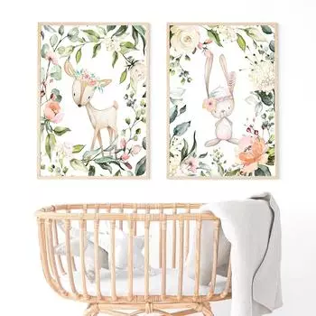 Бохо ребенок кролик олень лиса холст картина с животным принтом оливковая ветвь цветочный постер зеленый свежий детская Настенная картина детская комната 21x30cm No Framed