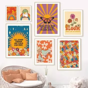 Бохо Ретро Счастливая цитата Бабочка Солнце Лица Wall Art Холст Картины Плакаты на скандинавскую тему и принт Настенные картины для декора гостиной Без рамки 21*30cm
