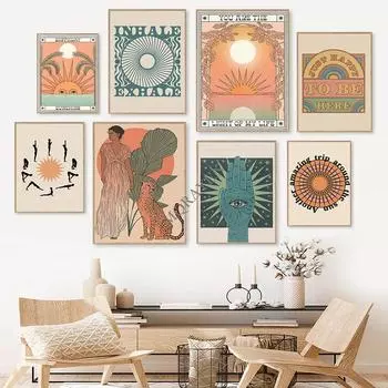 Бохо Ретро Счастливая Цитата Печать Плаката Абстрактное Солнце Лицо Йога Искусство Холст Картина Скандинавские Настенные Панно Для Украшения Гостиной Без Рамки 21*30cm
