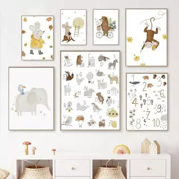 Бохо слон мышь медведь алфавит цифры луна постер скандинавский настенный рисунок холст картина детские картины декор детской комнаты 21x30cm No Framed
