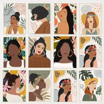 Бохо Современная Эклектичная Мода Девушка с Растениями и Цветами Постер Женский Портрет Картина На Холсте Современное Искусство На Стене Комната Домашний Декор 21cm30cm NoFrame