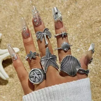 Boho Starfish Shell Ring Set Silver Coconut Scallop Vintage Vintage Ring Set of Eight