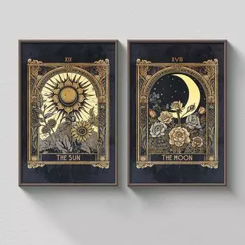 Бохо Стиль Черное Солнце Луна Карта Таро Ведьма Плакат Холст Картина Абстрактные Цветы Мистический Настенное Искусство Картина Декор Спальни 21x30cm No Framed