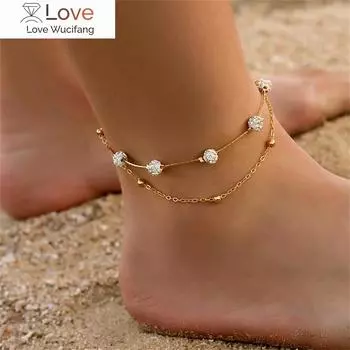 Бохо-стиль Мини-браслет на щиколотку с подвеской в виде хрустального шара для девочек, летние двухслойные пляжные браслеты на щиколотку для женщин, дропшиппинг золотой