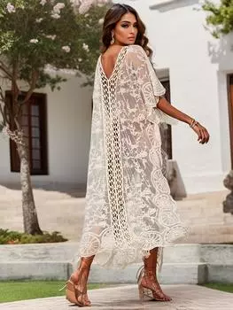Бохо-стиль Плюс Размер кружевной прозрачный трикотажный кардиган, пляжная накидка без рукавов с V-образным вырезом, элегантное макси-кимоно с контрастной сетчатой отделкой One-size абрикосовый