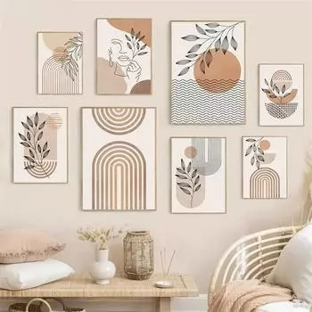 Boho Светлые Цветовые Блоки Холст Картина Скандинавские Минималистичные Линии Настенная Художественная Фигура Листья Настенная Картина Украшение Гостиной 21x30cm No Framed