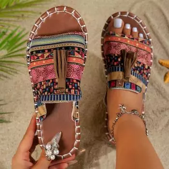 Бохо-тапочки на плоской подошве для женщин, летние новые летние тапочки 2025 года для женщин, пляжные сандалии больших размеров 36 красный
