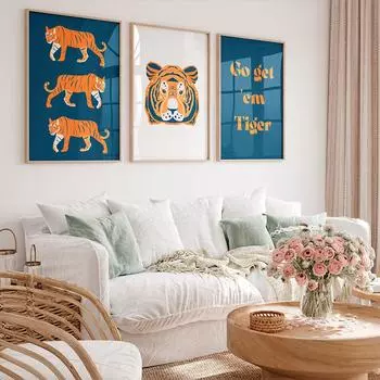 Boho Tigers Wall Art Preppy Room Decor Trendy Poster Navy Blue Orange Prints College Dorm Decor Canvas Painting Pictures 21x30cm No Framed