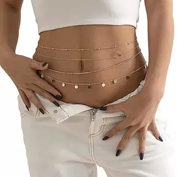 Бохо Винтаж Многослойная блестящая цепочка на талию Женская круглая подвеска с пайетками в форме сердца Пляжные украшения для тела серебряный