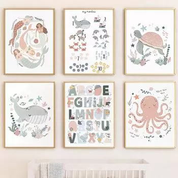 Boho Whale Turtle Octopus Mermaid Alphabet Cartoon Poster Nordic Wall Art Print Canvas Painting Pictures Baby Kids Room Decor 21x30cm No Framed