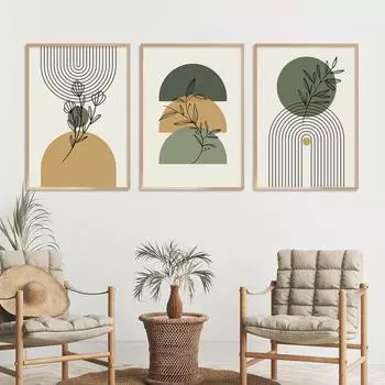 Бохо Зеленый Бежевый Геометрические Листья Абстрактный Плакат Середины Века Стены Искусства Холст Картины Отпечатки Картина Декор Интерьера Гостиной 21x30cm No Framed