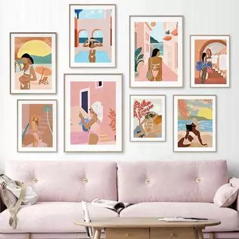Бохо женщина читать Марокко пляжный купальник поза абстрактный плакат на скандинавскую тему настенный художественный принт холст картины для декора гостиной 21x30cm No Framed