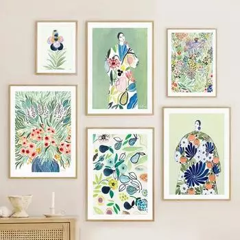 Бохо Женщина Цветочный Сад Зеленый Тон Холст Картина Скандинавские Плакаты Печать Настенное Искусство для Гостиной Домашний Декор 21cm30cm NoFrame