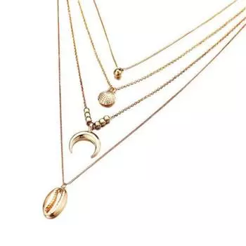 Boho Женщины Каури Раковина Луна Металлический Шар Очарование Многослойная Цепь Ожерелье Ювелирные Изделия золотистый