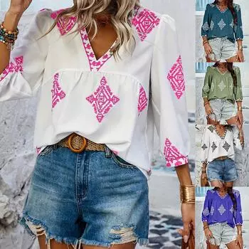 Boho Женская футболка с v-образным вырезом и рукавами 3/4 с принтом, женские повседневные свободные топы с короткими рукавами S розовый