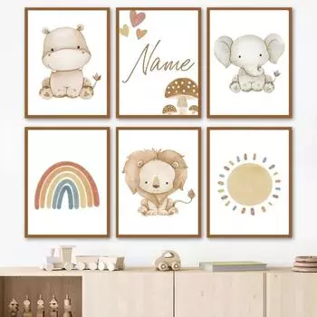Boho Жираф Лев Слон Индивидуальное Имя Детская Настенная Живопись Печать Холст Картина Скандинавский Плакат Настенные Картины Декор Детской Комнаты 21x30cm No Framed