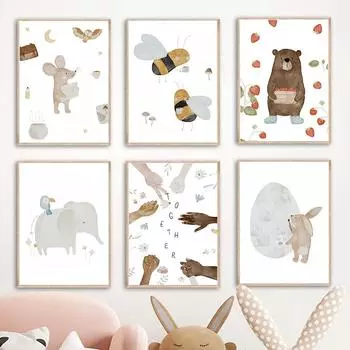 Бохо Животные Друг Слон Кролик Медведь Олень Пчела и принт Детская Настенная картина на холсте Плакаты для детской комнаты Домашний декор 21x30cm No Framed