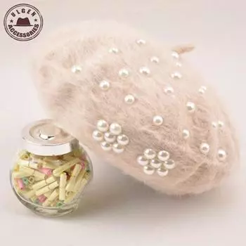 Boina Feminina Женский берет Жемчужная шапка из кроличьей шерсти Вязаные женские береты Зимние теплые женские шапки 56-58cm